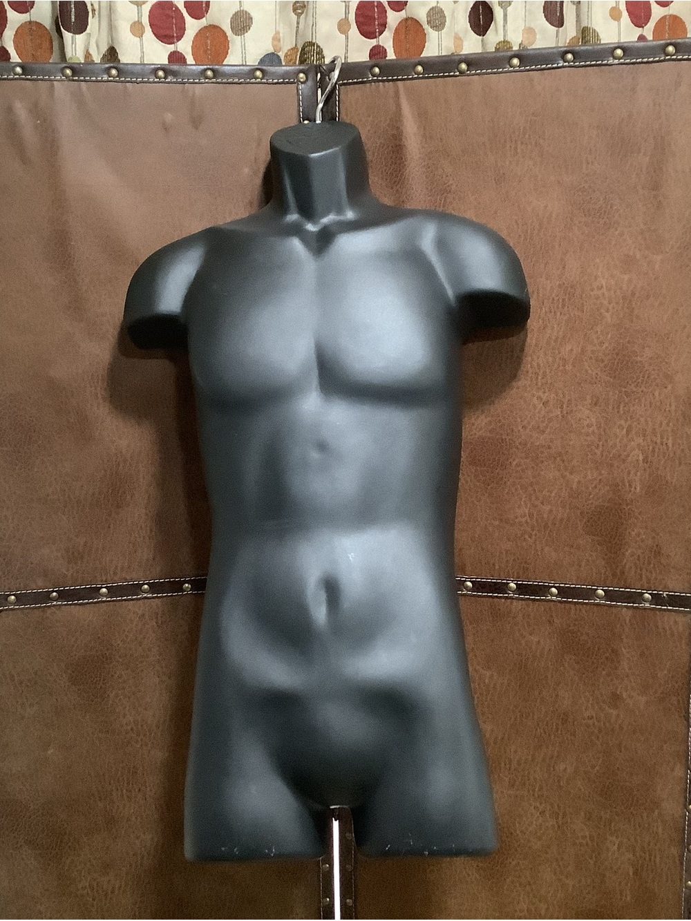 Male Torso Mannequin Hanging Black Half Molded Hard Plastic. Hollow Back, Shirt